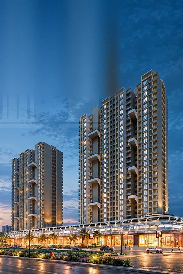 Legacy Highpoint twin towers elevation at dusk, Punawale